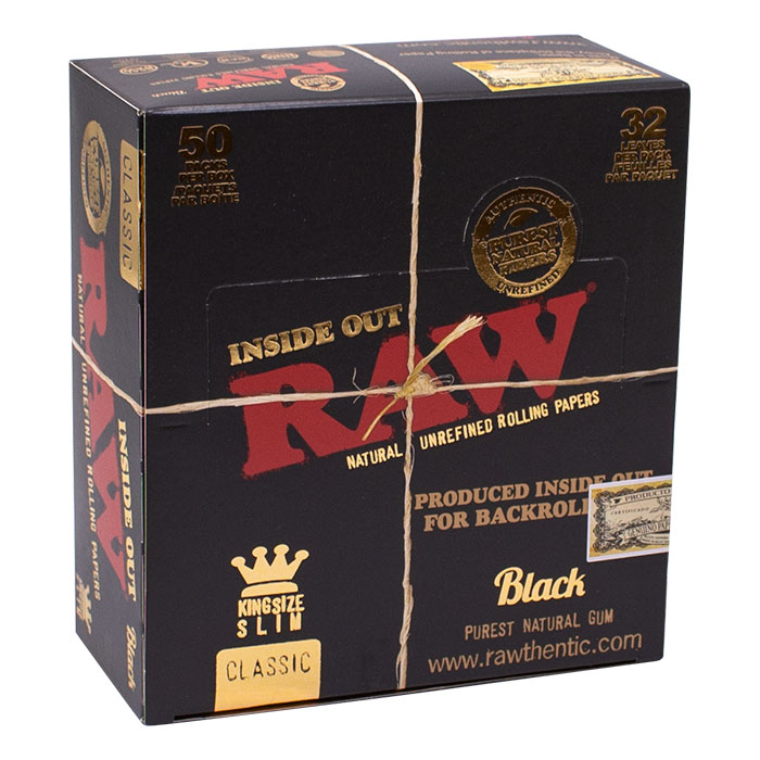 RAW Black King Size Slim Inside Out Rolling Paper Display of 50