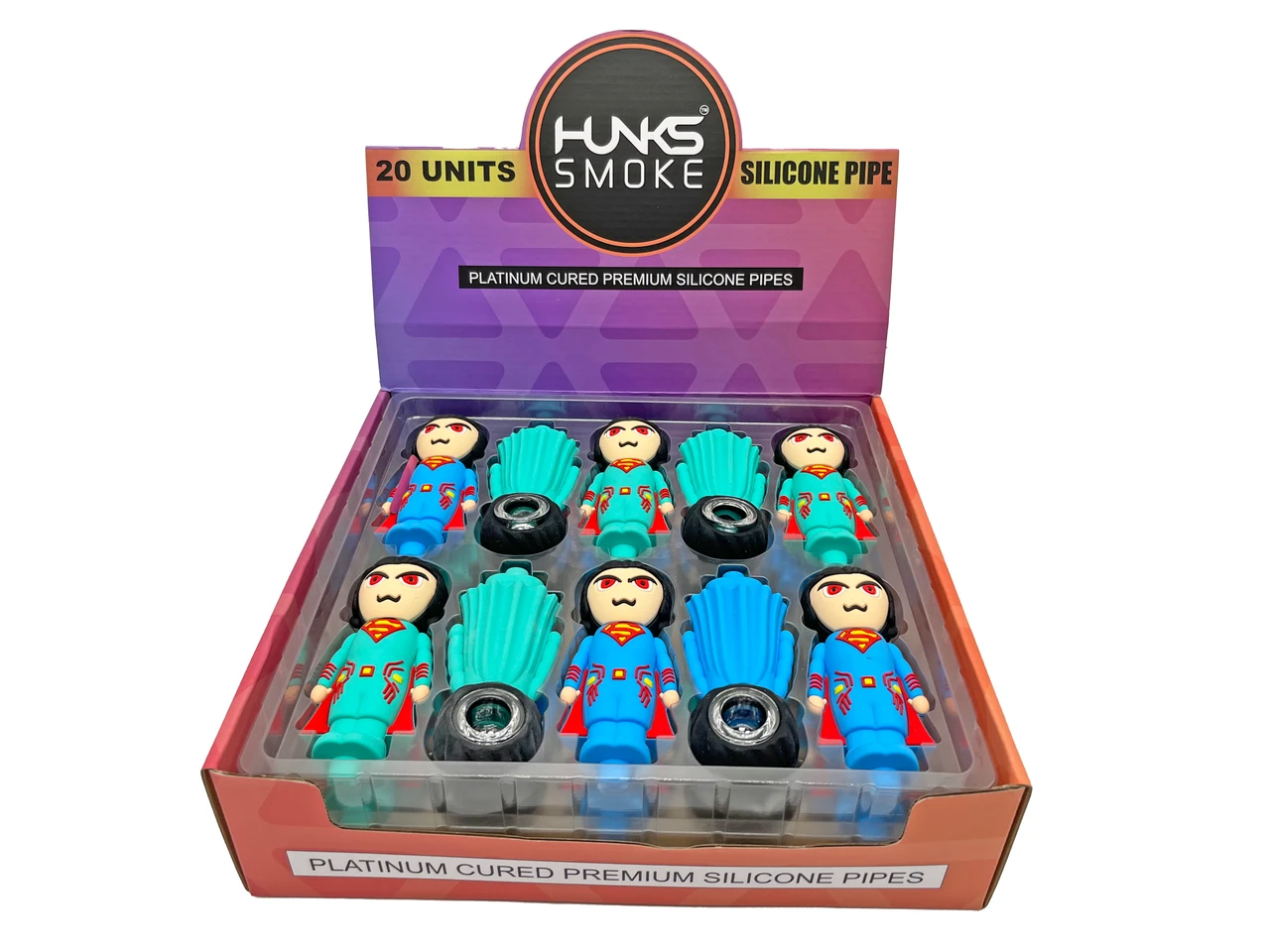 HUNKS SMOKE SILICONE SUPERMAN HAND PIPE 20CT