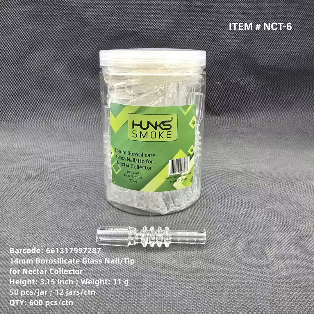 HUNKS SMOKE 14MM BOROSILICATE GLASS NECTAR COLLECTOR NAIL/TIP 50CT JAR [NCT-6]