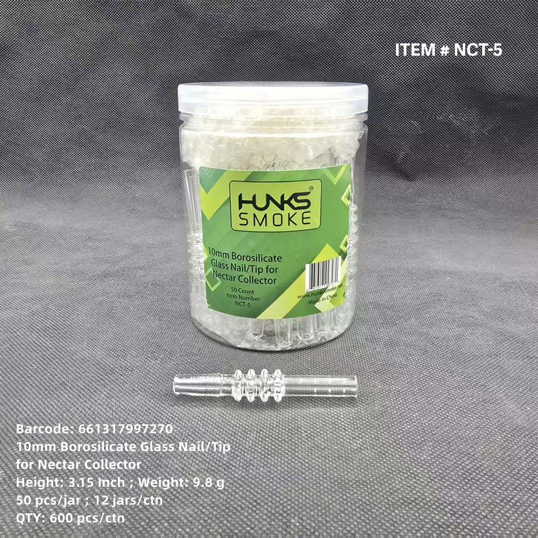 HUNKS SMOKE 10MM BOROSILICATE GLASS NECTAR COLLECTOR NAIL/TIP 50CT JAR [NCT-5]