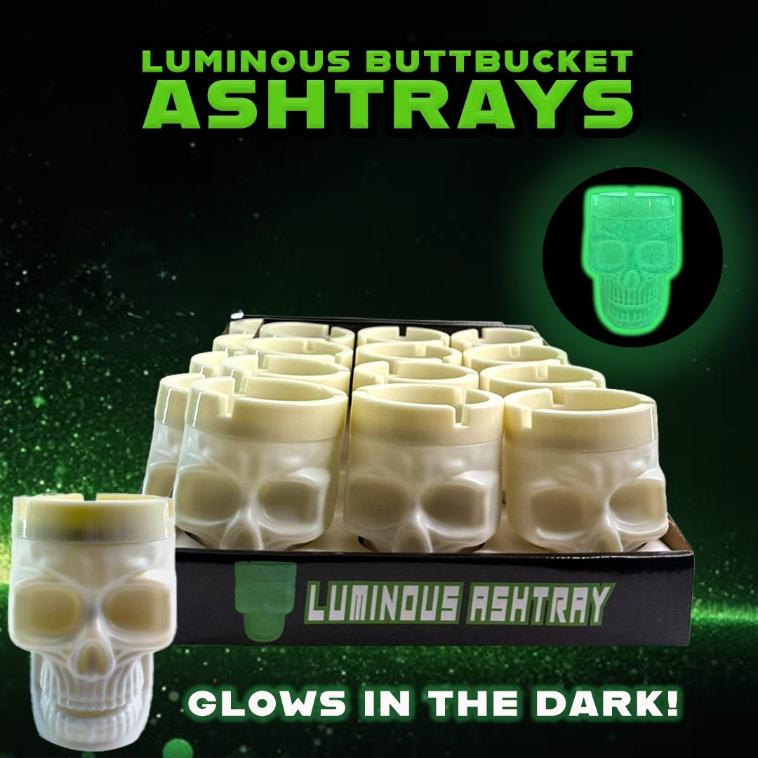LUMINOUS SKULL ASHTRY/BUTT BUCKET 12CT DISPLAY [TO-AS-SL-12(G)-043EA]