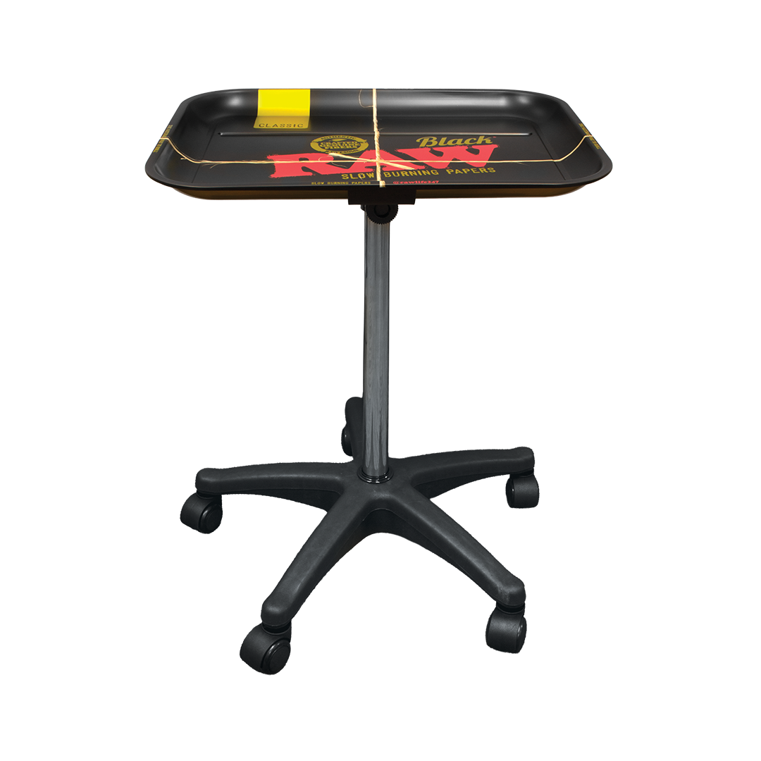 RAW BLACK METAL TRAY W/ ROLLING STAND