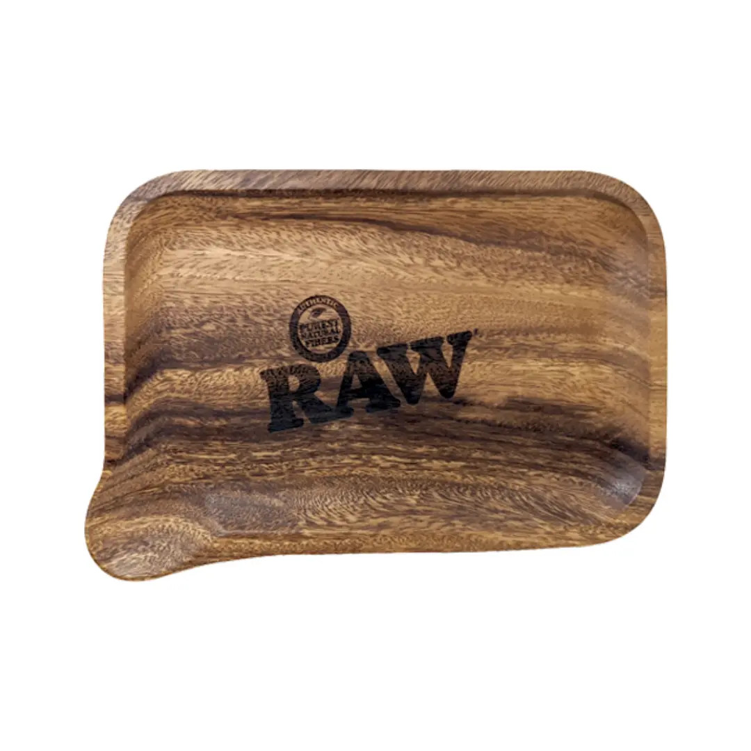 RAW SMALL WOODEN ROLLING TRAY W/ POUR SPOUT