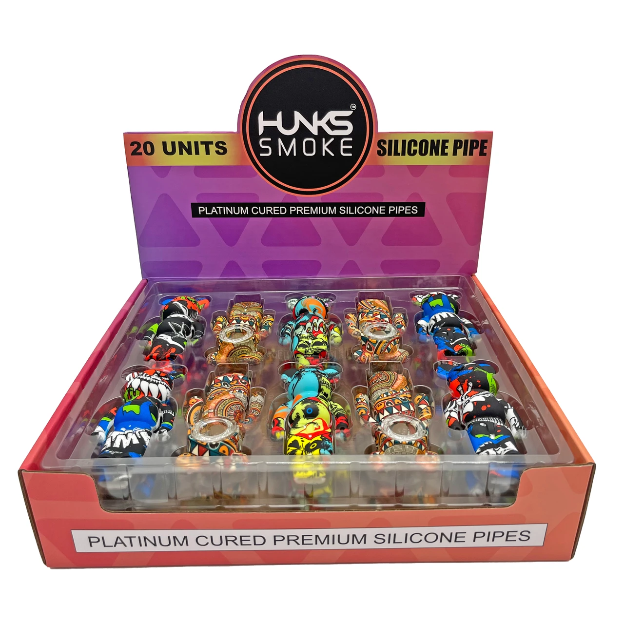 HUNKS SMOKE SILICONE SKULL HAND PIPE 20CT