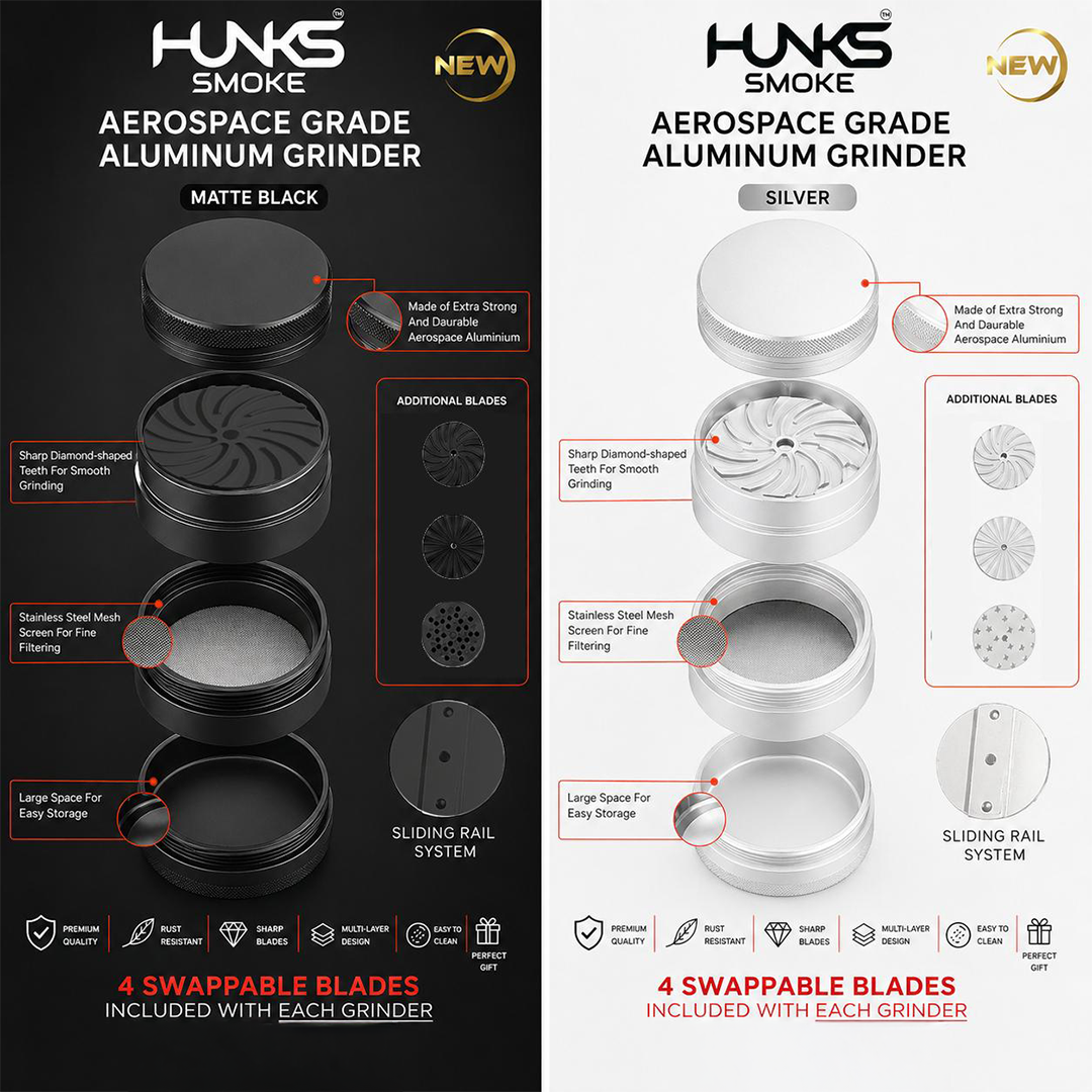 HUNKS SMOKE AEROSPACE GRADE ALUMINUM GRINDER W/ 4 BLADES [GT-407BB]